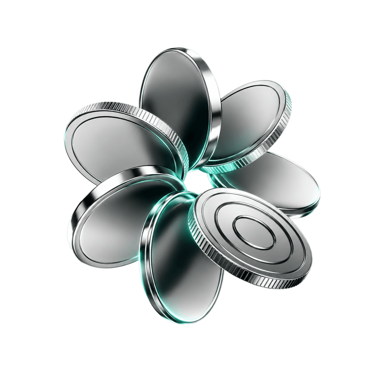 A metallic coin cluster representing multi-rail coordination